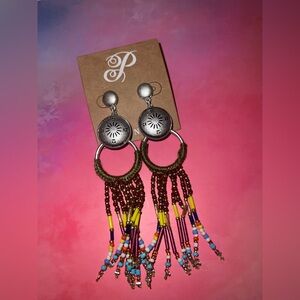 Plunder Olive, Yellow & Turquoise Beaded Fringe Hoop Earrings with Silver Discs